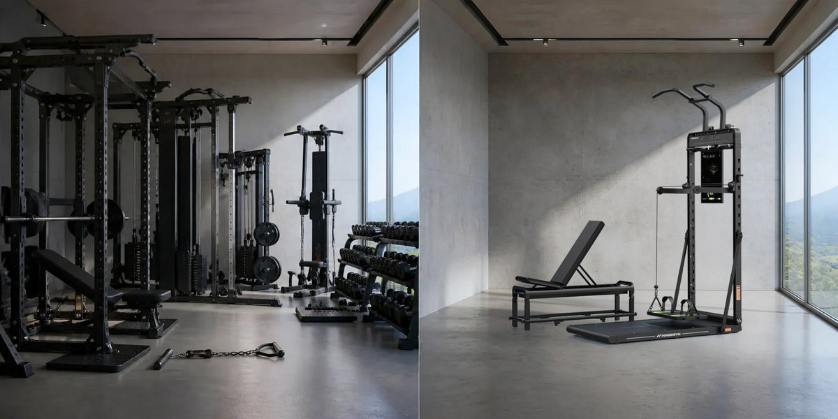 Una sala con estaciones de gimnasio independientes junto a un OMNI X1 Pro en una sala vacía