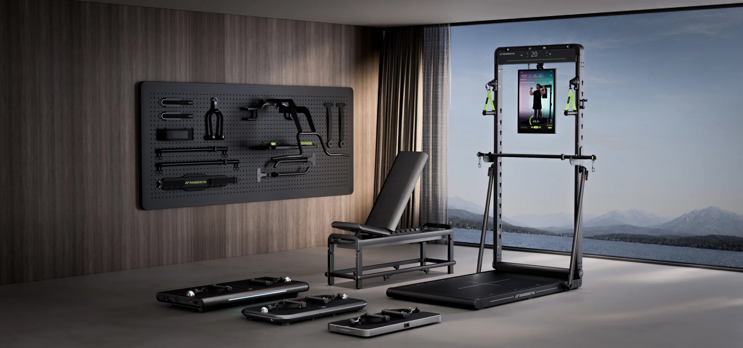 Ecosistema de entrenamiento INNODIGYM con OMNI X1, la serie P, banco y accesorios