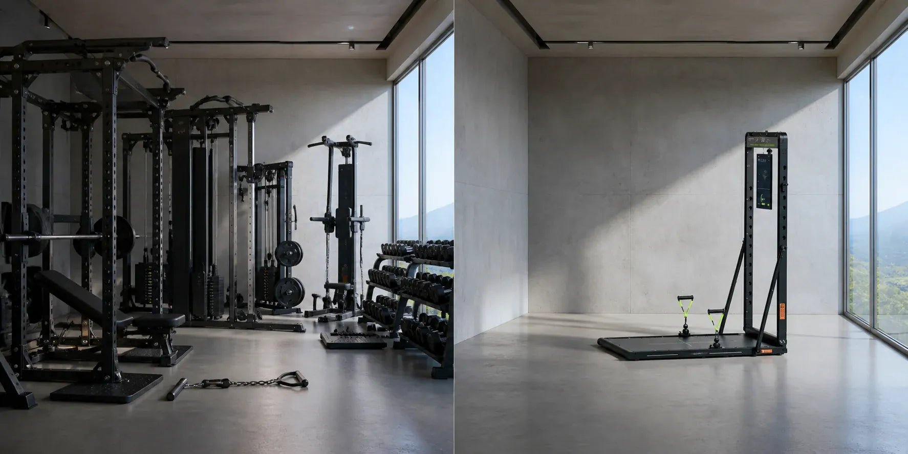Een ruimte met aparte gymstations naast één OMNI X1 Pro in een lege ruimte